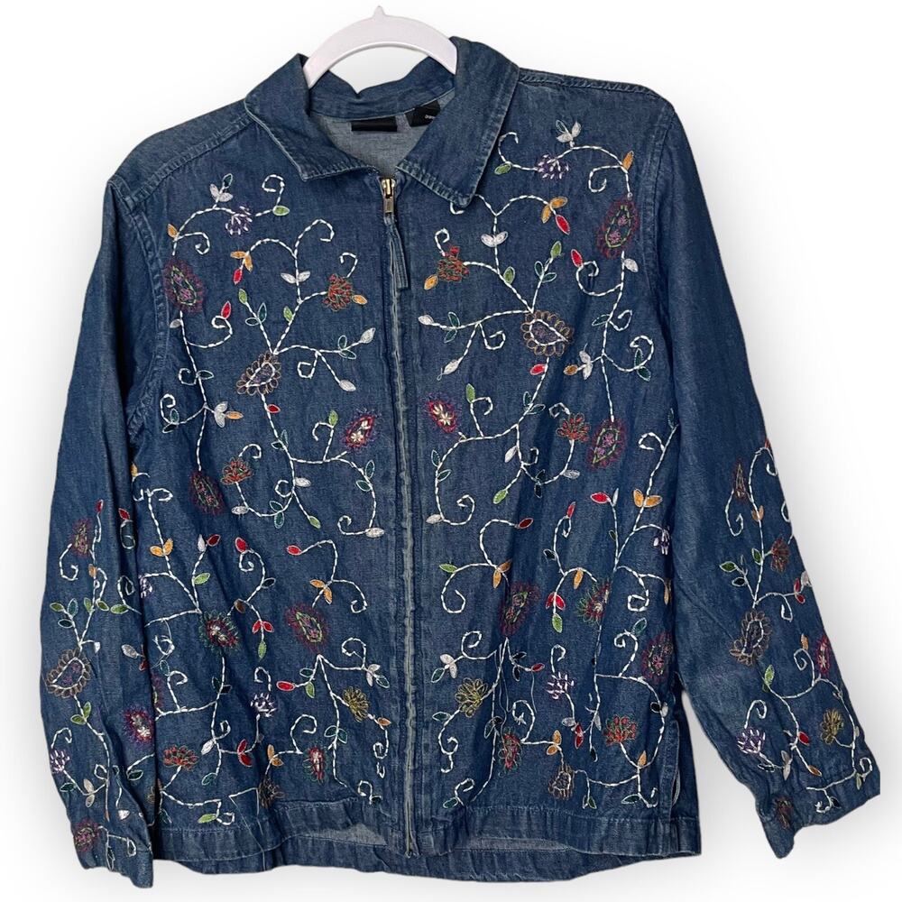 Erika Zip Front Chambray Shirt Jacket Women's M Blue Embroidered Floral Vintage